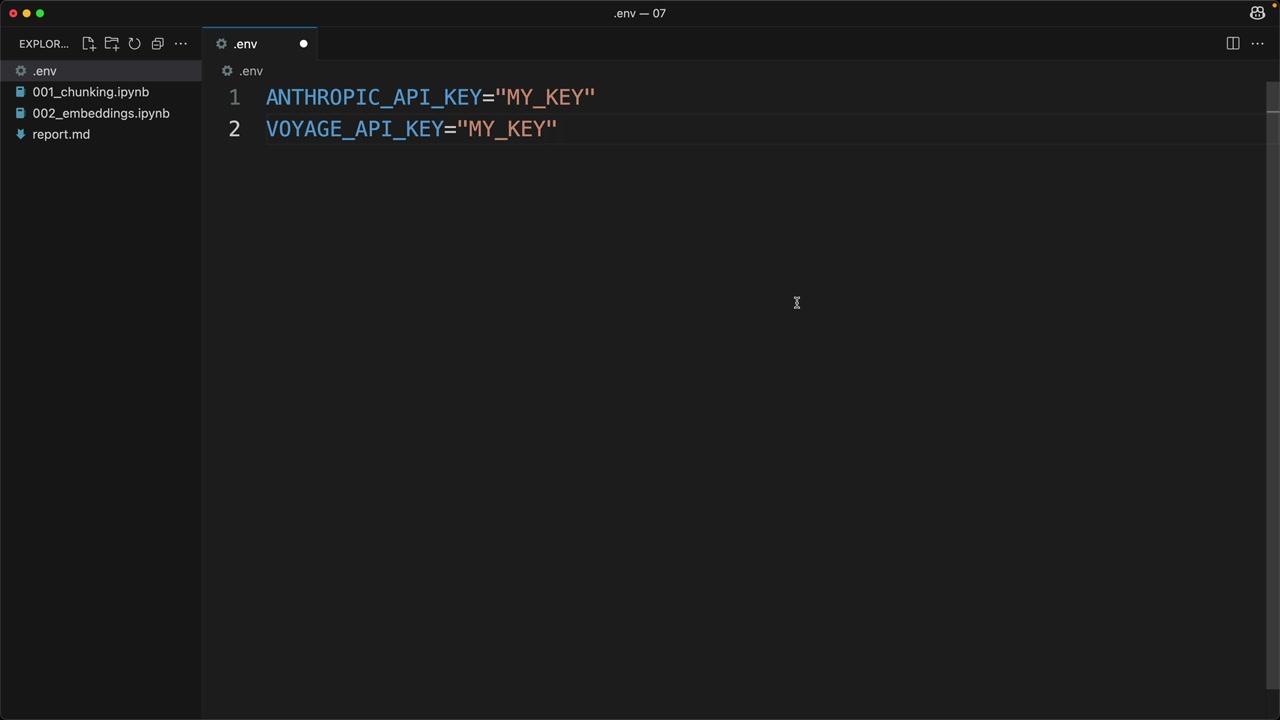 The .env file open in an editor with two lines, ANTHROPIC_API_KEY and VOYAGE_API_KEY, each set to "MY_KEY".