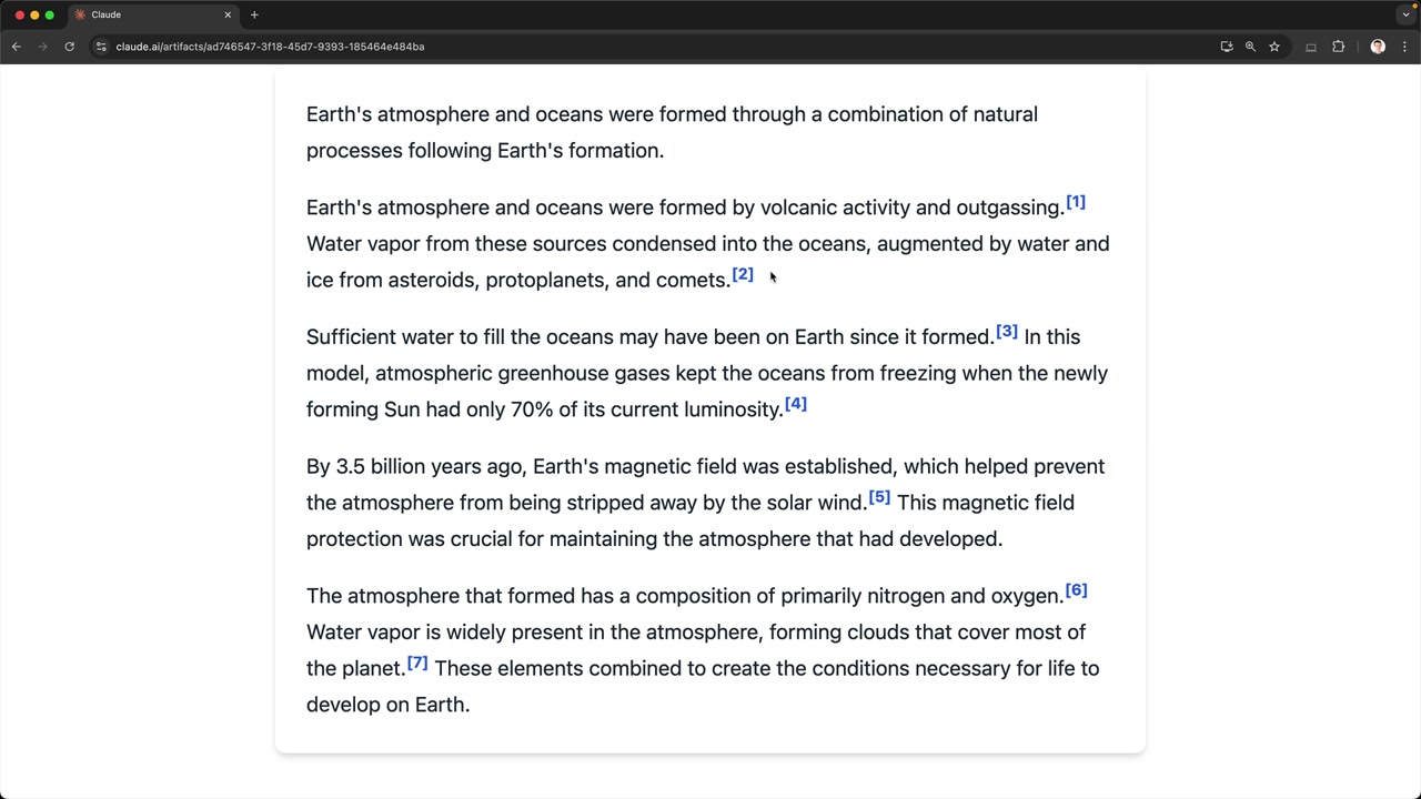 A page of text on how Earth's atmosphere and oceans formed, with blue citation markers numbered 1 to 7 after claims.