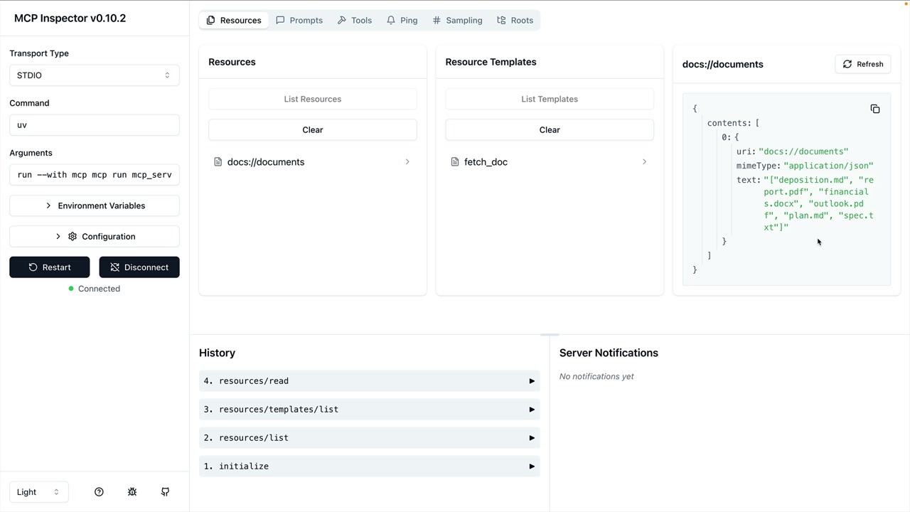 MCP Inspector Resources tab: reading docs://documents returns a JSON list of file names such as deposition.md and plan.md.