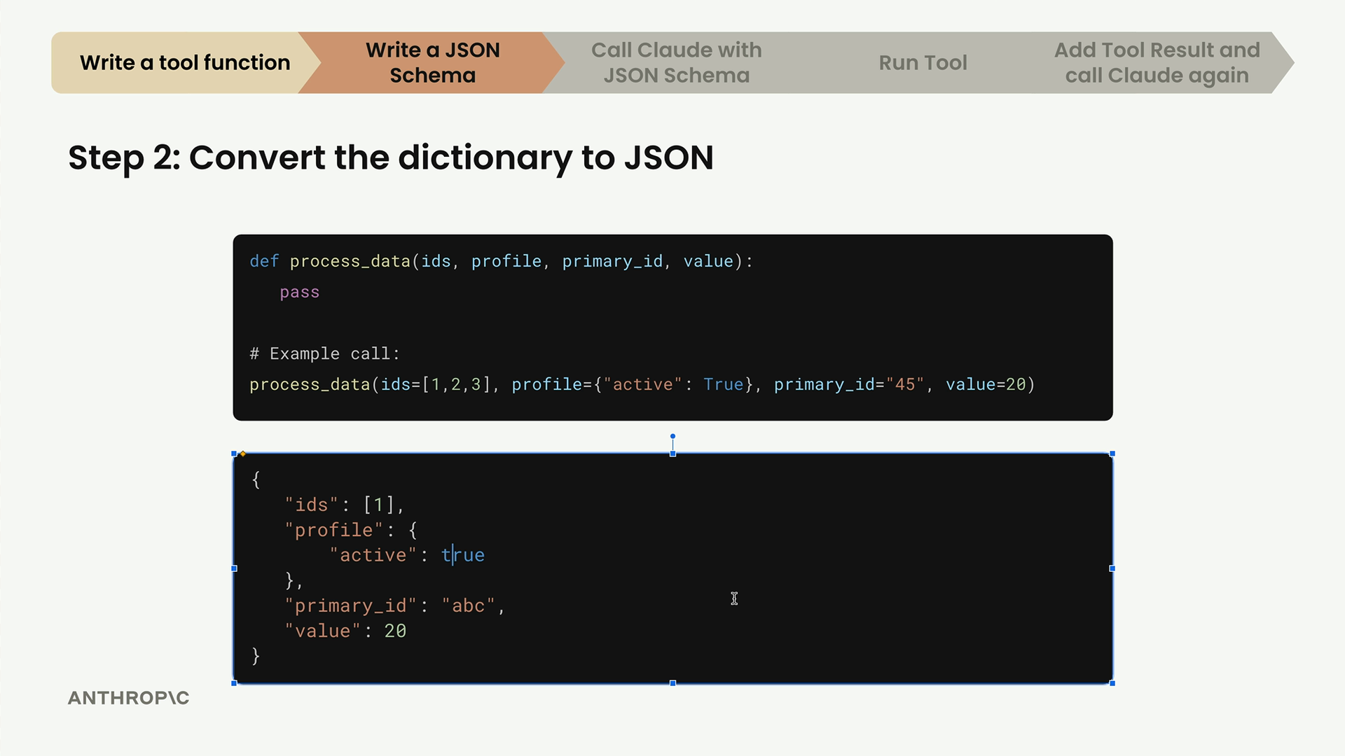 The step 1 dictionary as JSON, same values with ids 1, primary_id "abc" and value 20, except "active" is now lowercase true.
