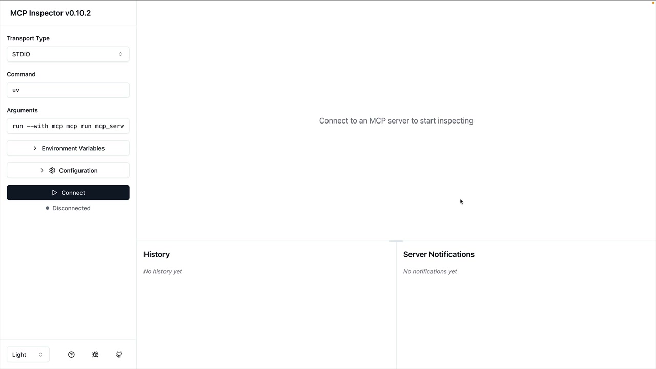 MCP Inspector dashboard before connecting: transport type STDIO, command uv, a "Connect" button and status "Disconnected".