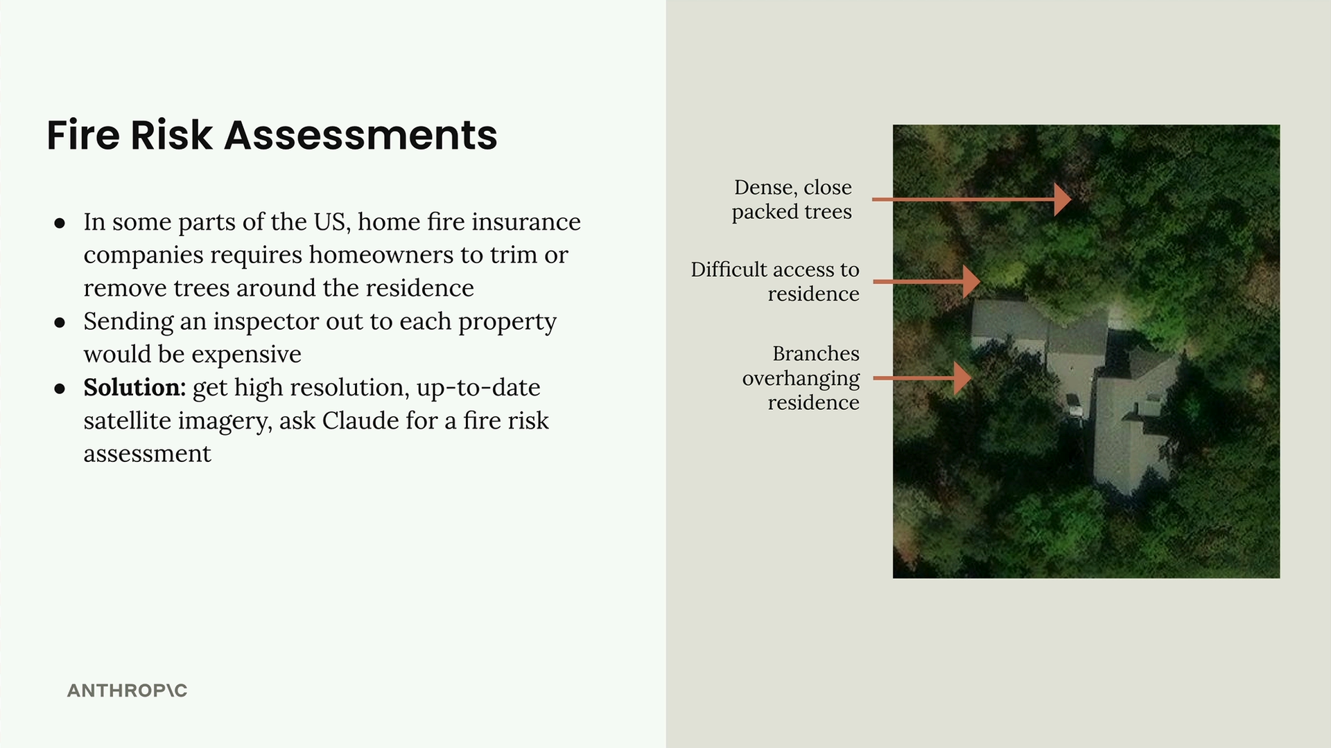 Annotated satellite photo of a house surrounded by dense trees, with arrows marking the three risk features listed below.