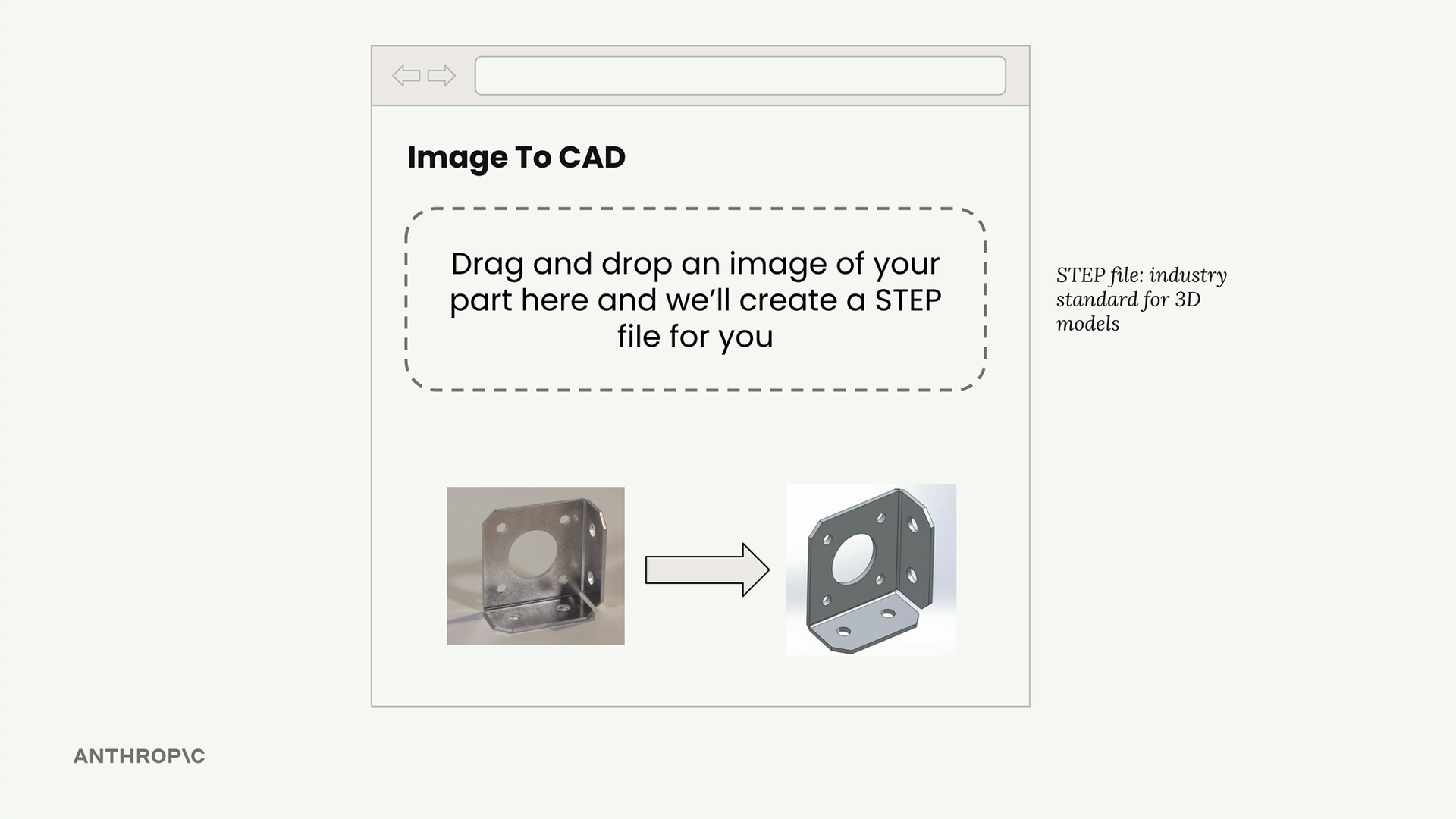 Mock "Image to CAD" web page with a drag and drop box and a photo of a metal bracket turned into a 3D model.