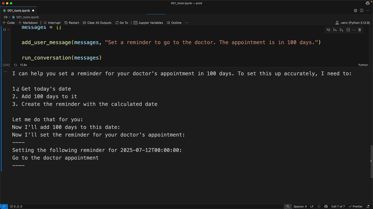Notebook output: Claude plans the steps, then prints the reminder "Go to the doctor appointment" for 2025-07-12T00:00:00.