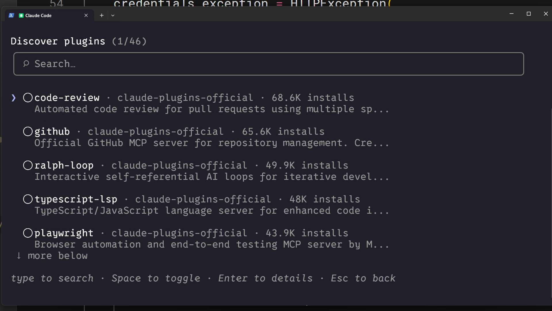 Claude Code Discover plugins, a searchable list of 46 plugins from claude-plugins-official with install counts.