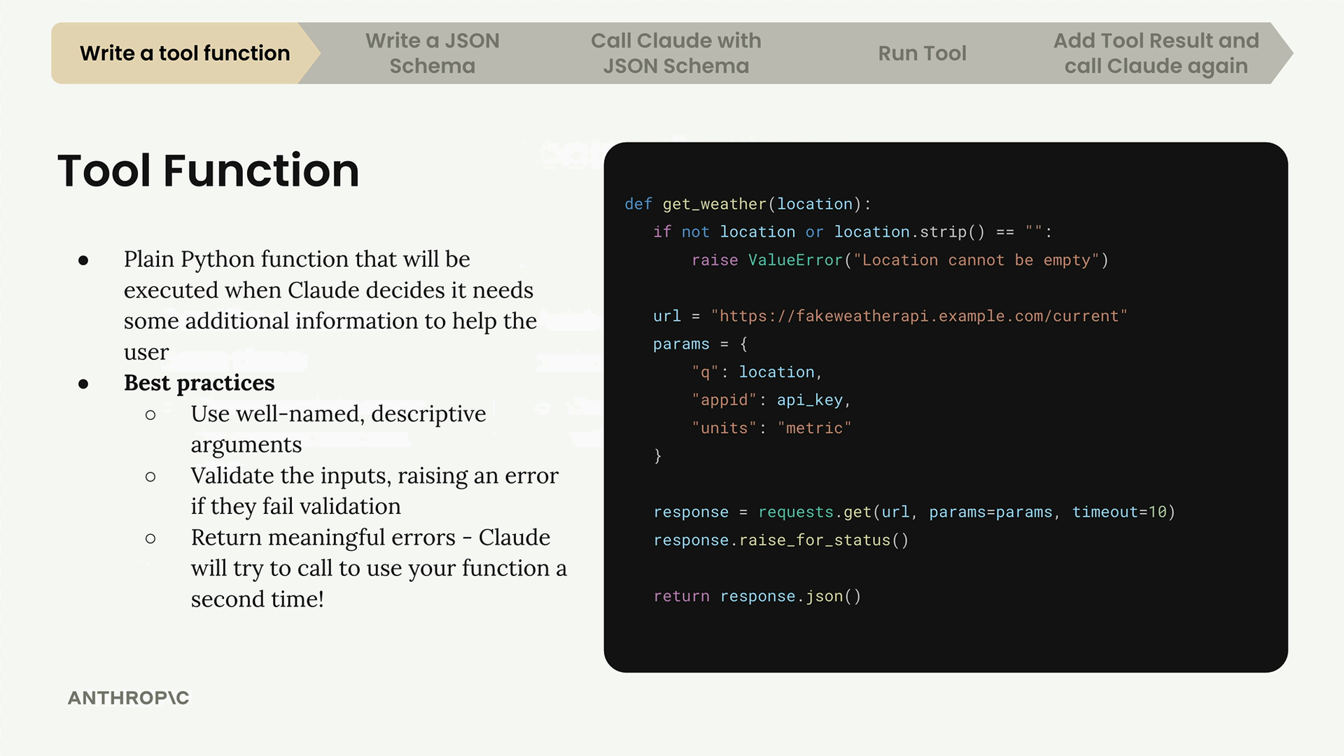 The get_weather function: it raises a ValueError if location is empty, then calls a weather API and returns JSON.