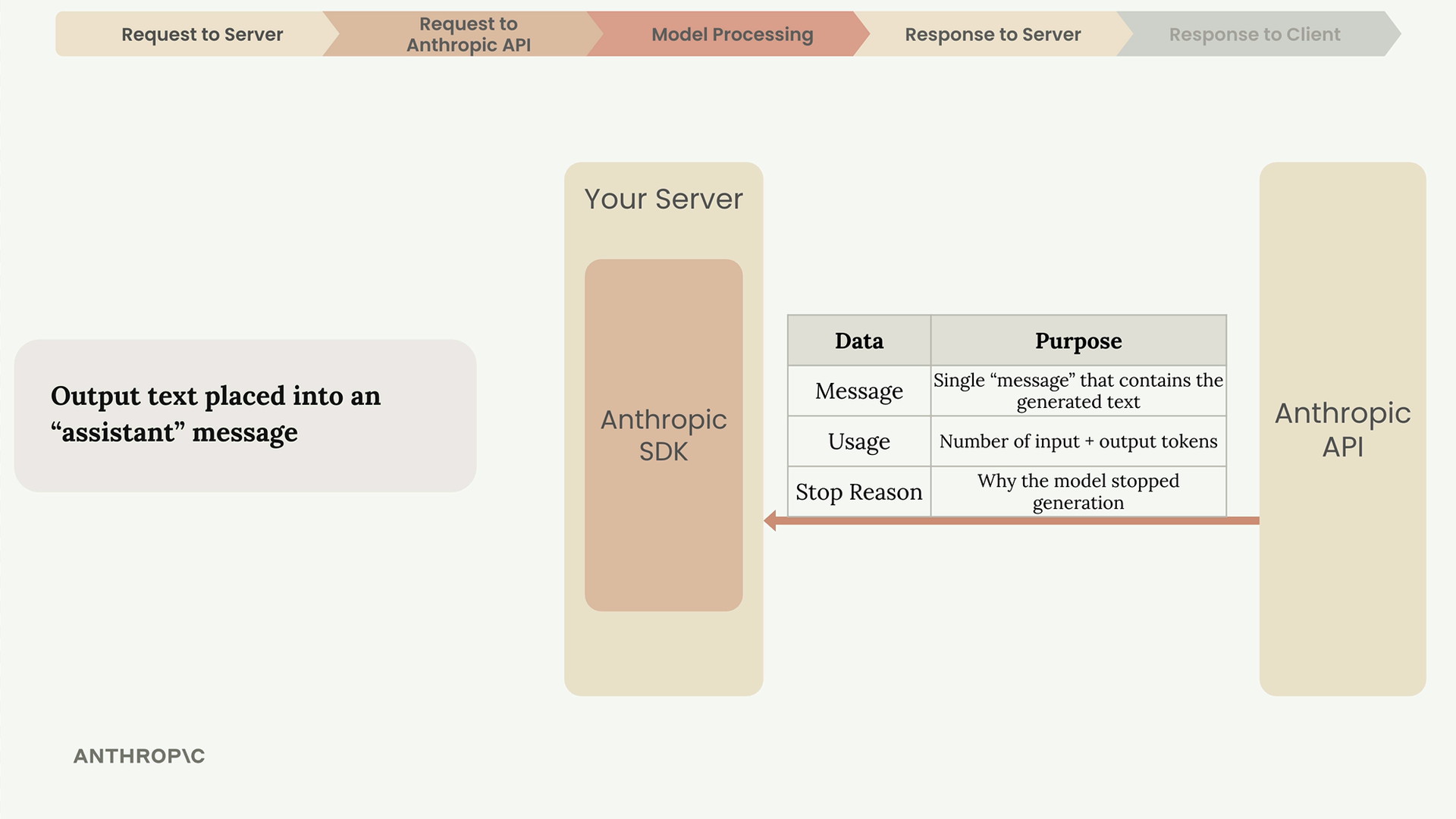 Response flowing from the Anthropic API back to the Anthropic SDK on your server, with output text in an "assistant" message.