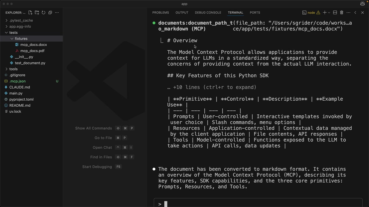 Terminal markdown output: table of user-controlled Prompts, application-controlled Resources, model-controlled Tools.