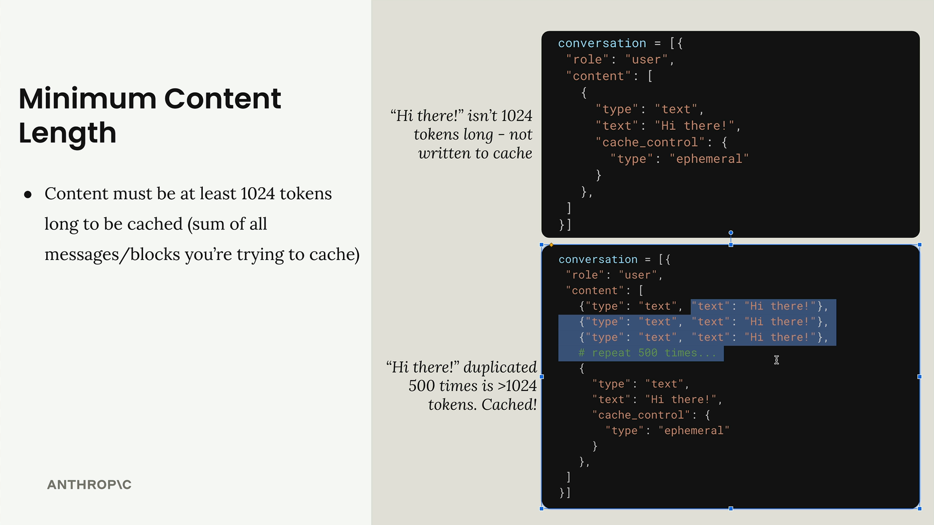 Two code snippets with a cache_control breakpoint: a single "Hi there!" block is not written to cache but 500 copies are.