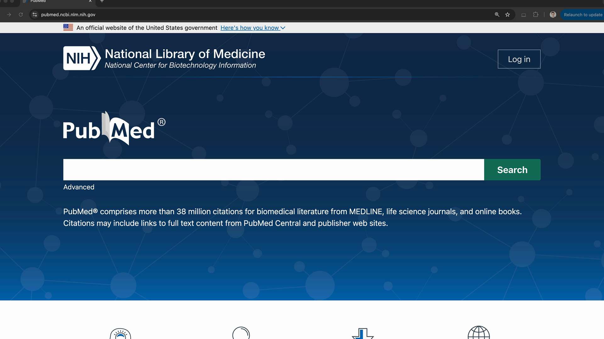 PubMed home page with a search box and a note that it comprises more than 38 million citations for biomedical literature.