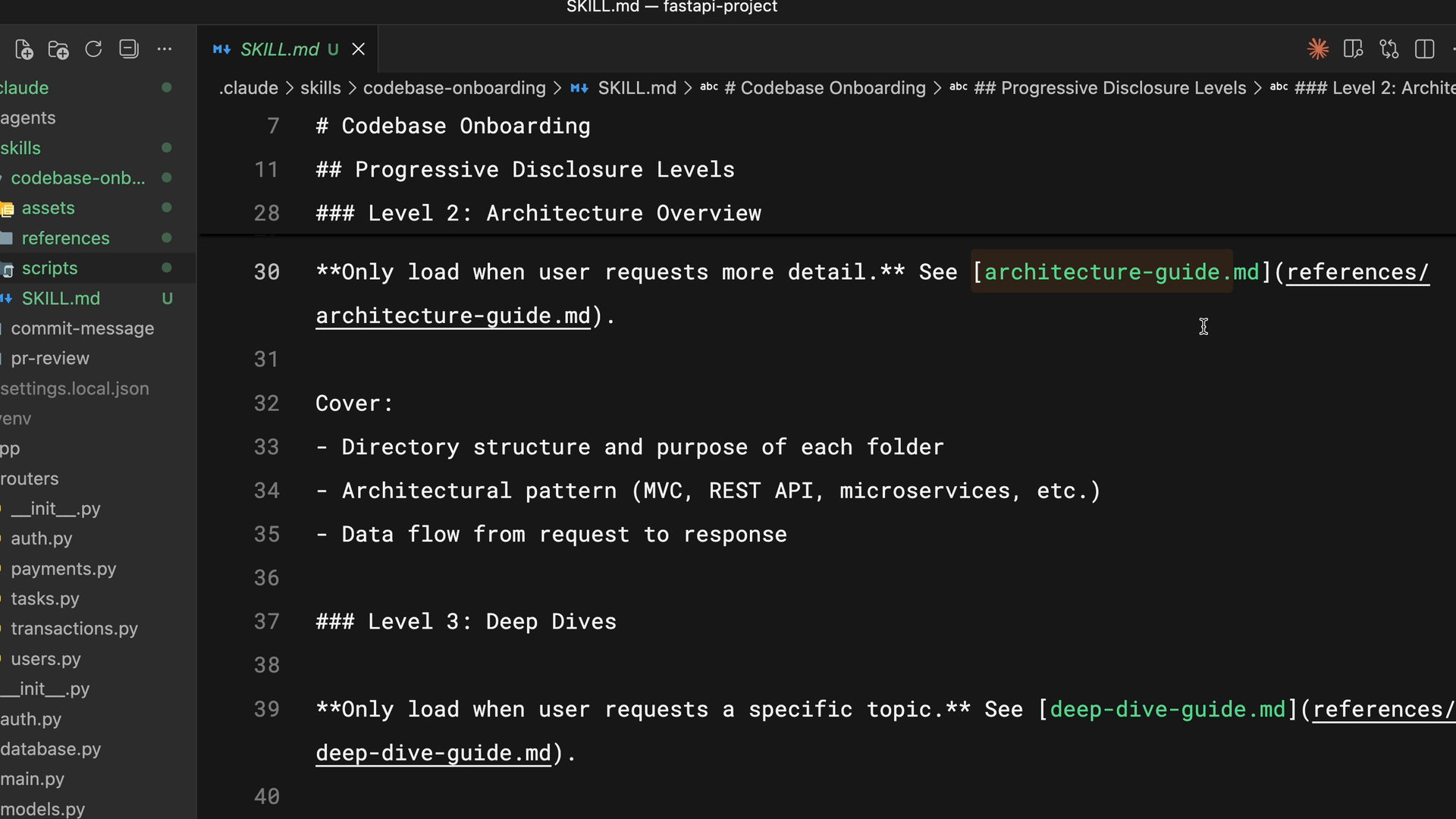 SKILL.md Level 2 and Level 3 sections link to architecture-guide.md and deep-dive-guide.md, to load only when requested.