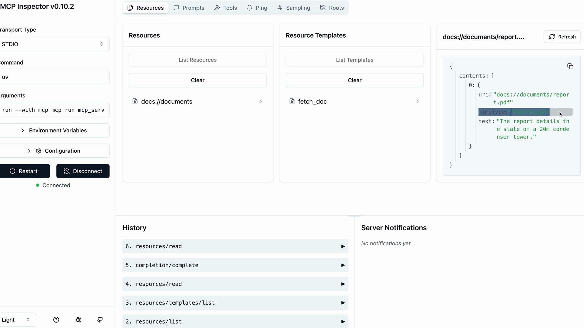MCP Inspector Resources tab: reading docs://documents/report.pdf returns mimeType "text/plain" and the report text.