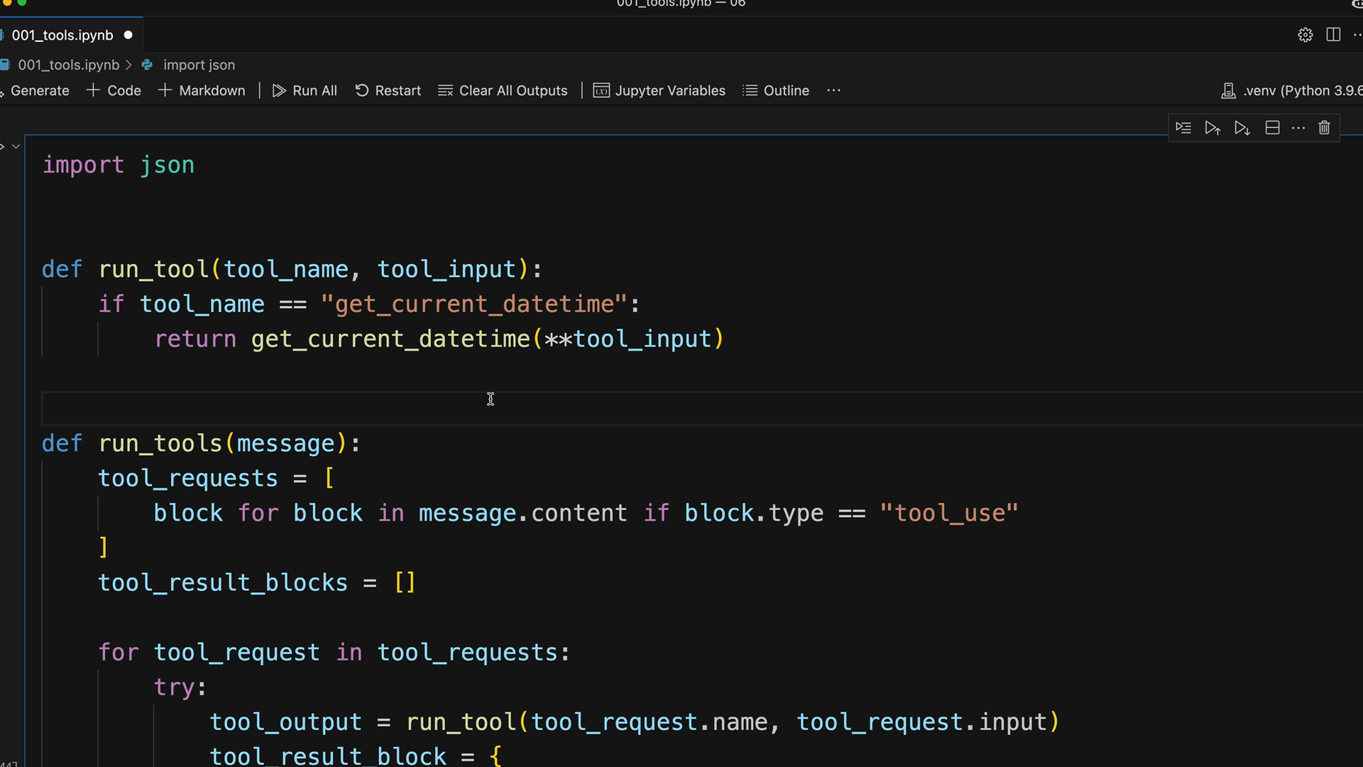 Notebook cell where run_tool handles only get_current_datetime and run_tools calls it for each "tool_use" block in a message.
