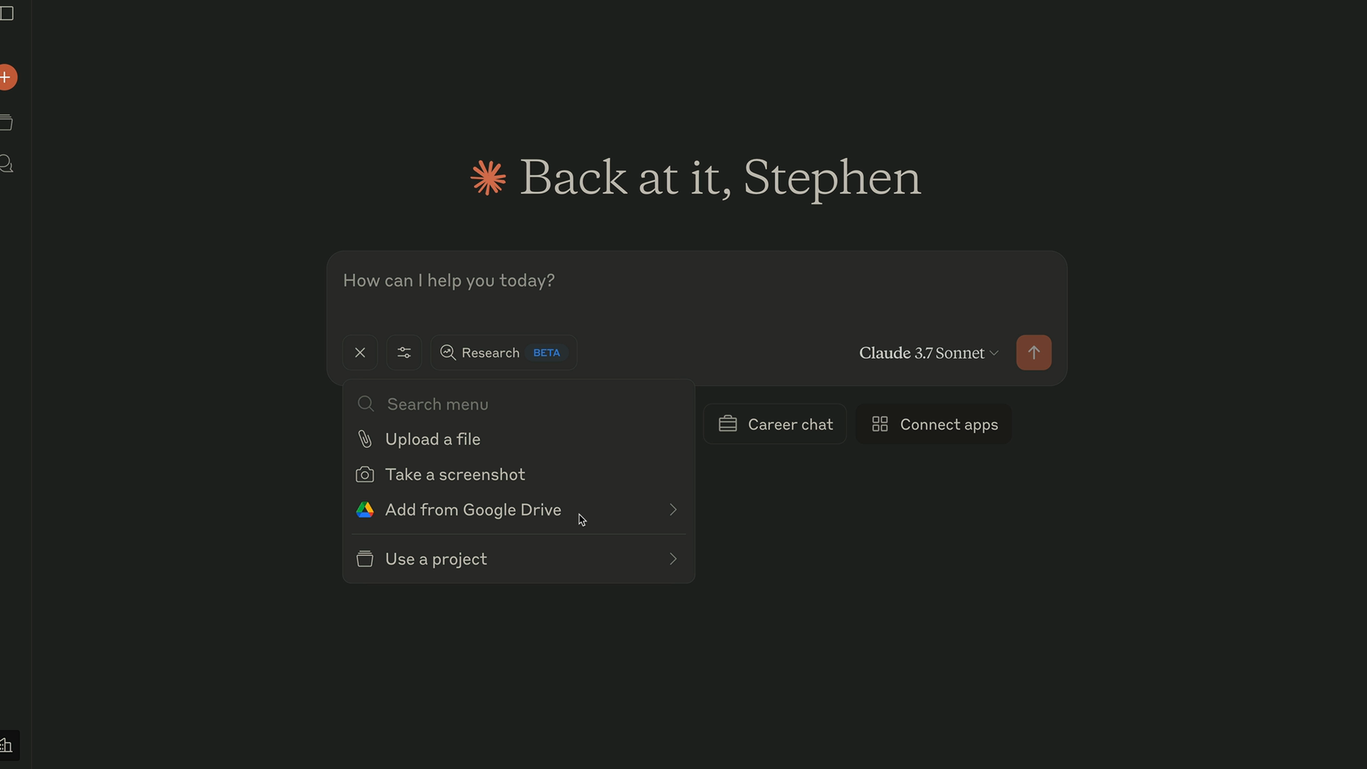 Claude chat input with "Career chat" and "Connect apps" starter buttons and an open menu including "Add from Google Drive".