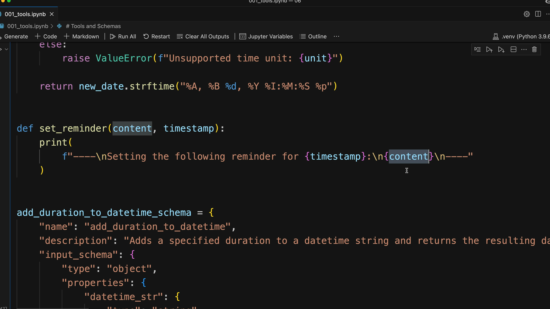 Notebook defining set_reminder, which prints the timestamp and content, then the start of add_duration_to_datetime_schema.