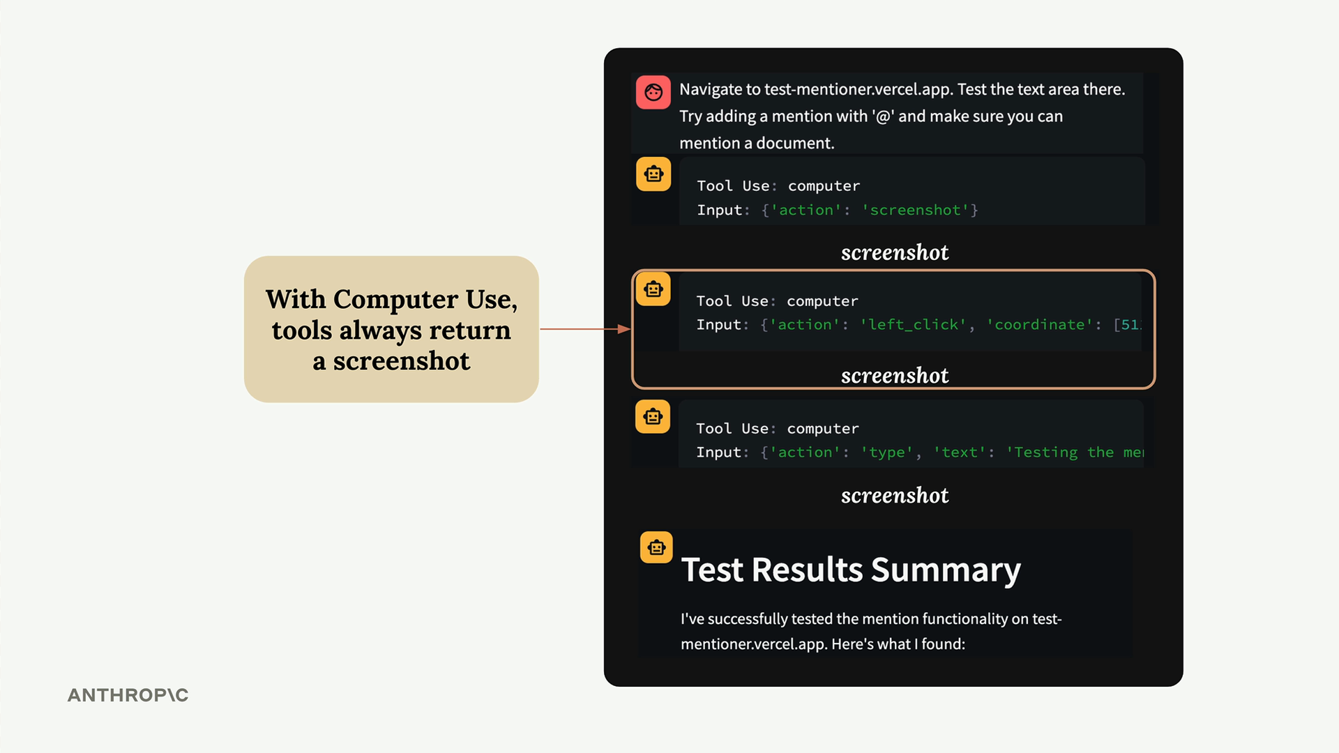Computer Use transcript: tool calls with actions "screenshot", "left_click" and "type", each returning a screenshot.