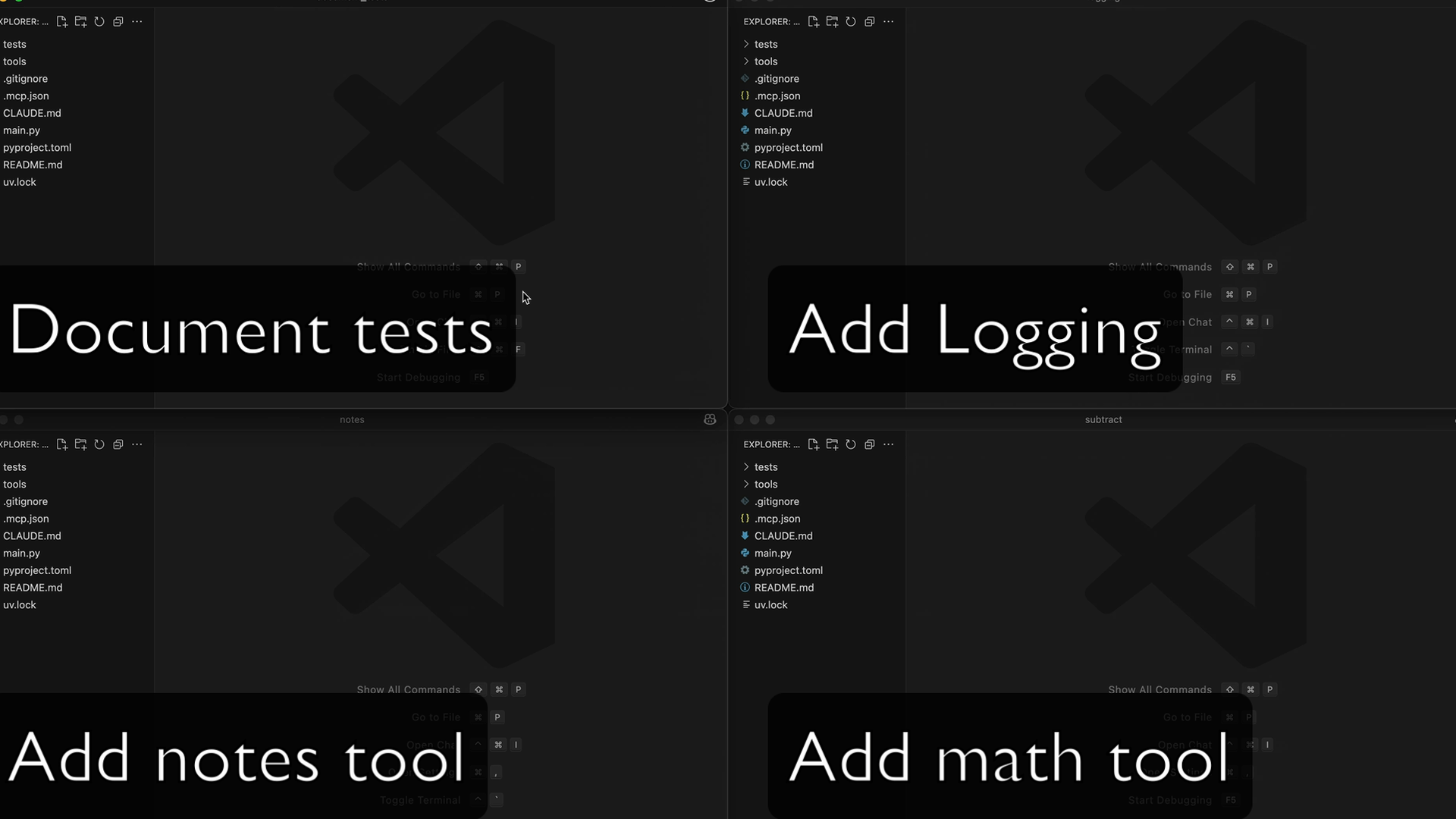 Four VS Code windows with the same project files, labeled "Document tests", "Add Logging", "Add notes tool", "Add math tool".