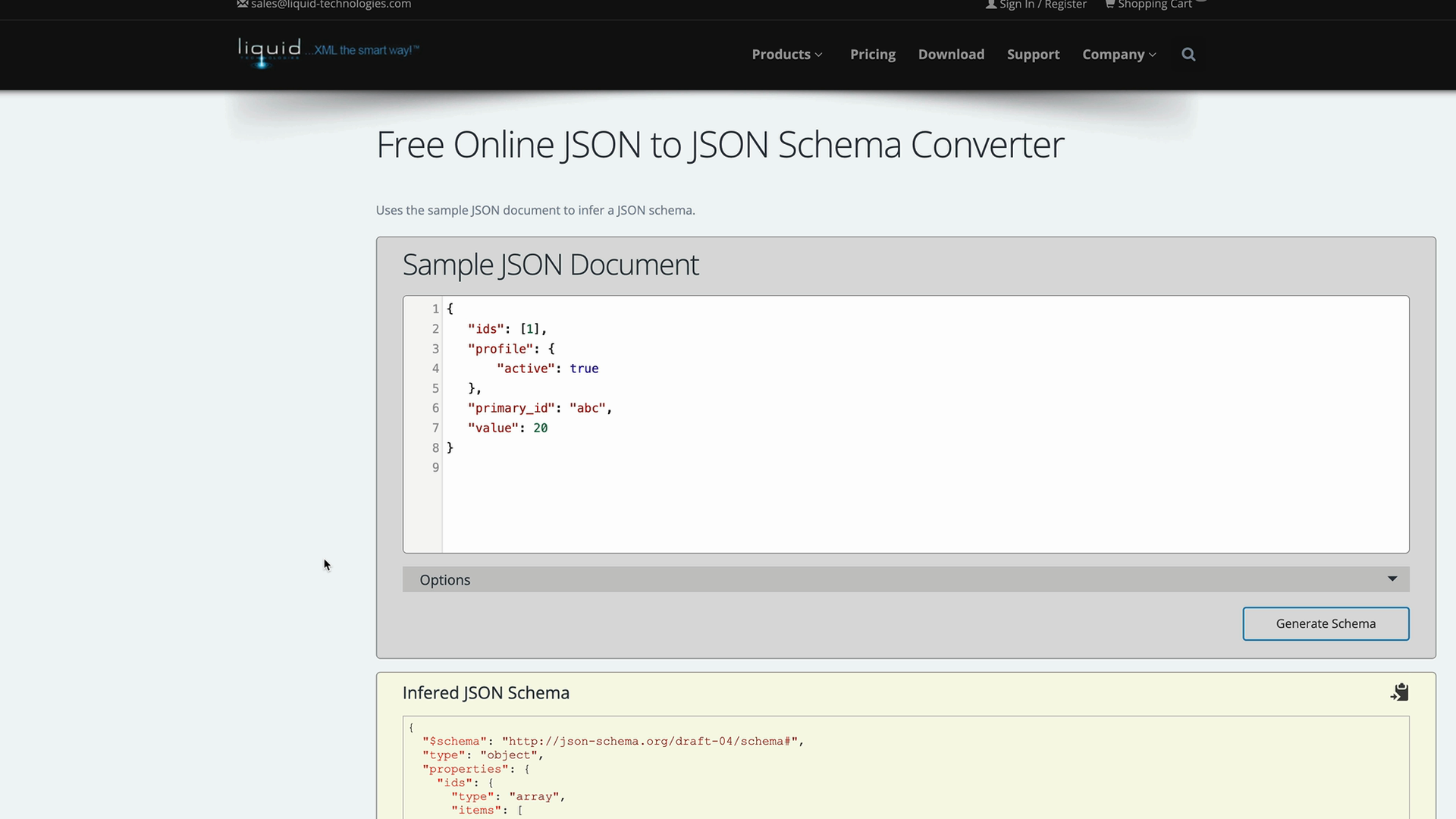Online JSON to JSON Schema converter: the sample JSON pasted in, a Generate Schema button, and the inferred schema under it.